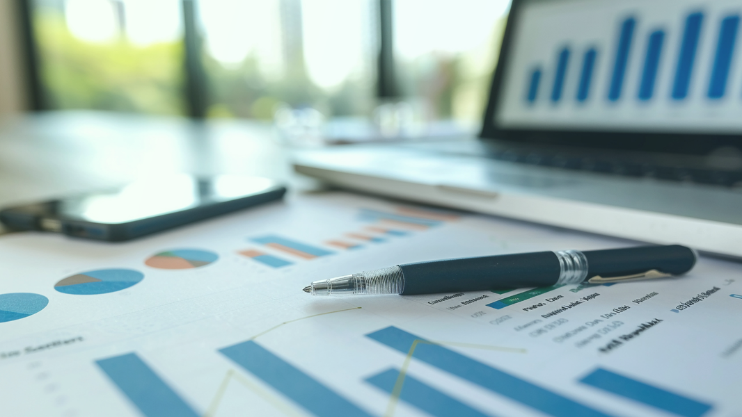 Kugelschreiber liegt auf Blättern mit Grafiken, im Hintergrund ein Laptop