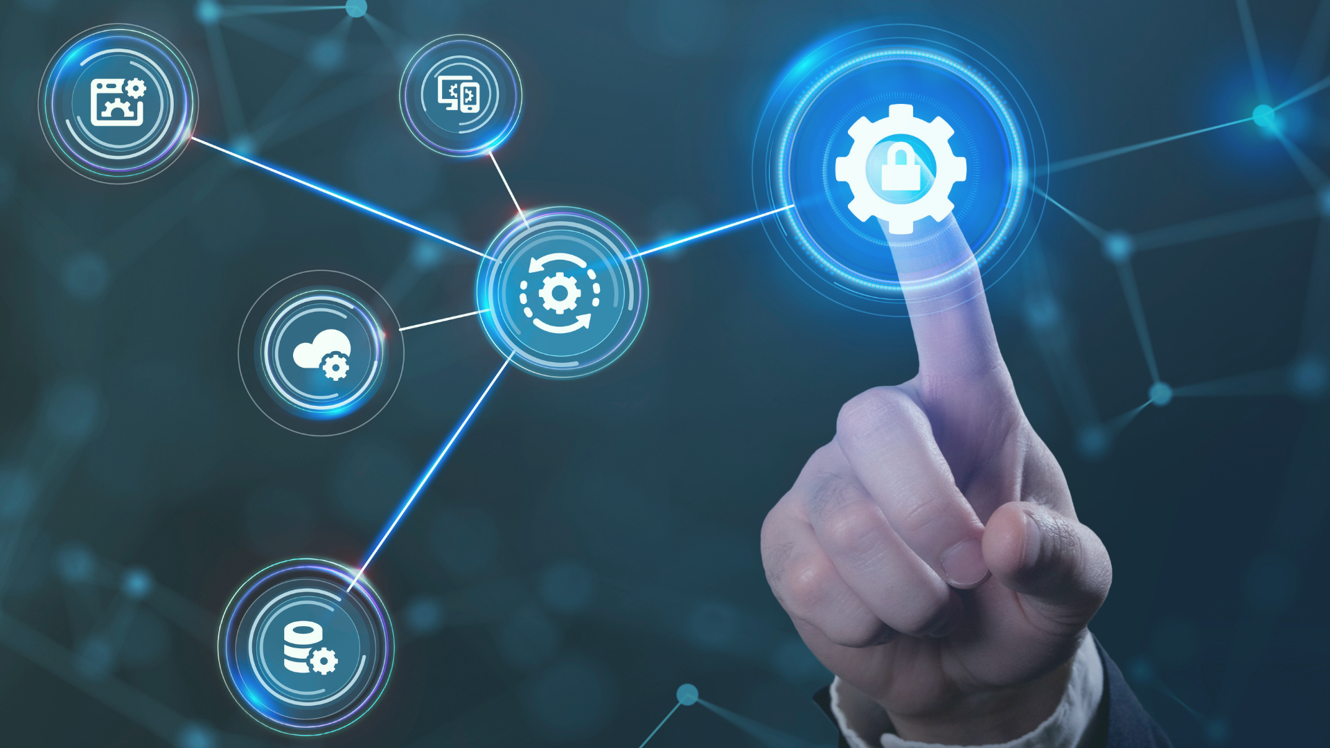 Person zeigt auf ein digitales Netzwerk aus miteinander verbundenen Software-Icons, darunter Symbole für Cloud, Datenbank und Einstellungen.