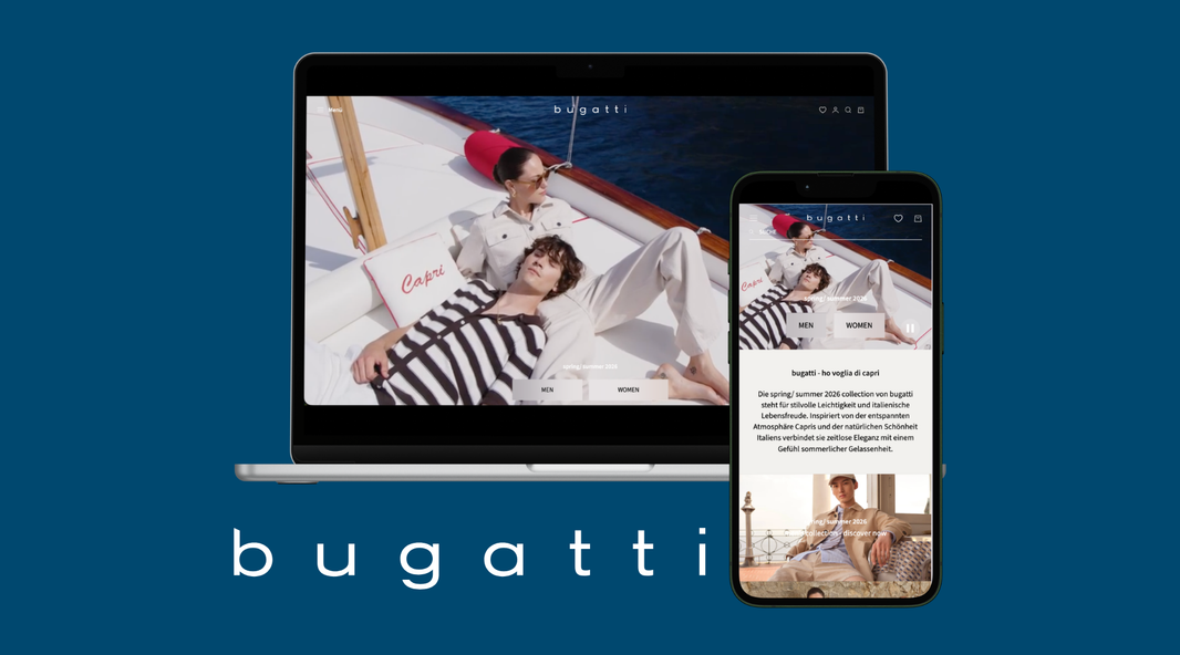 Zwei Bildschirme die den bugatti Online Shop zeigen